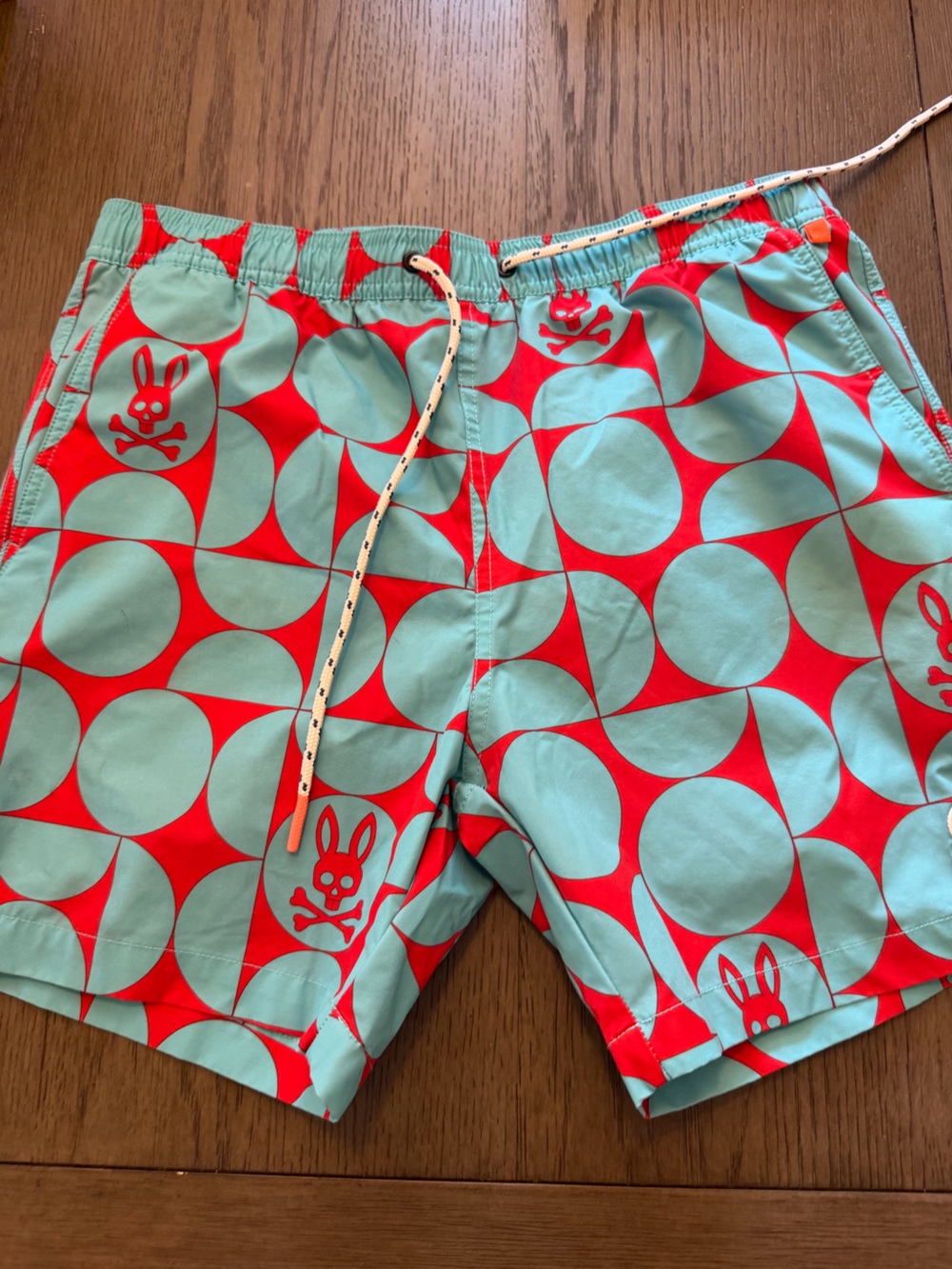 Psycho Bunny Mens Swim Shorts - Turquoise & Red Geometric Print